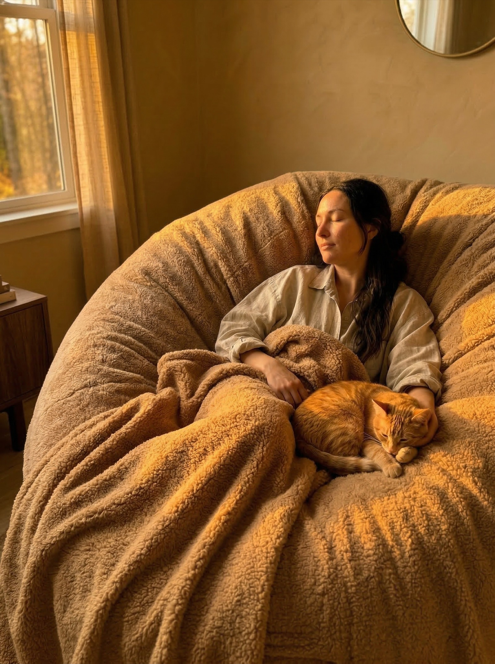 A woman with eyes closed and a ginger cat sleeping on a 6ft Cosac in camel sherpa fleece during golden hour