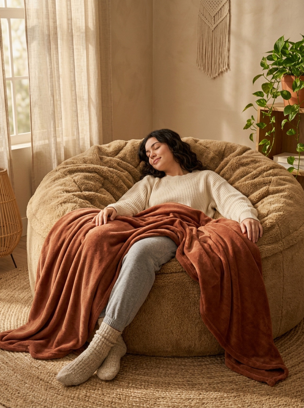 A 5ft camel-colored beanbag in a small apartment, representing the affordable beanbag category for under $300 buyers