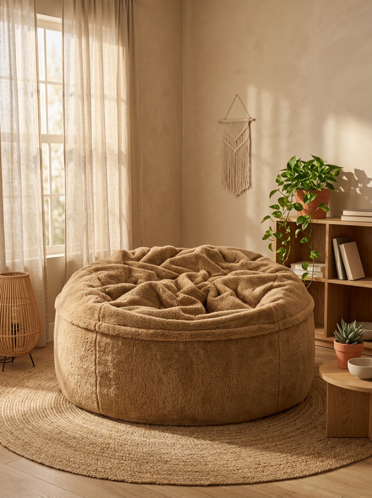 Camel beanbag in boho morning light room