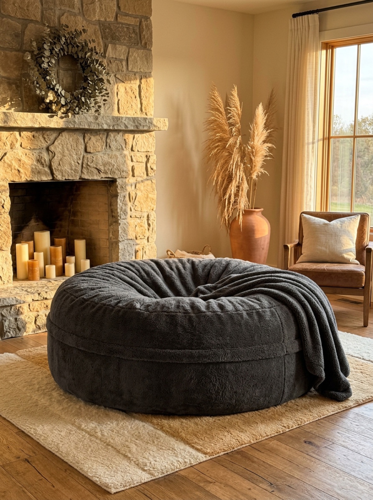 The Cosac XXL beanbag in charcoal sherpa-fleece next to a fireplace, showing the plush premium texture and round shape that upgrades the budget Big Joe feel