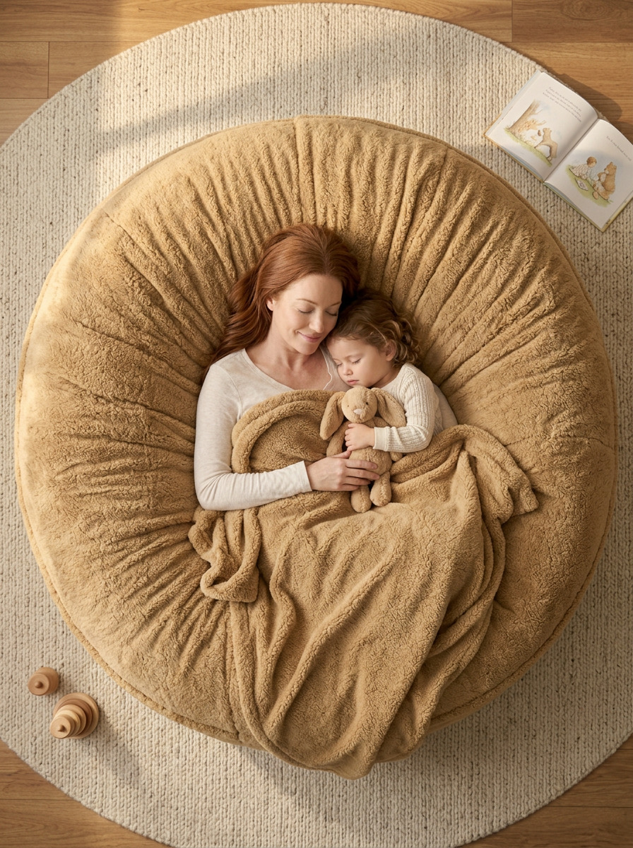 Overhead view of a mother and child napping together on the 6ft camel Cosac beanbag