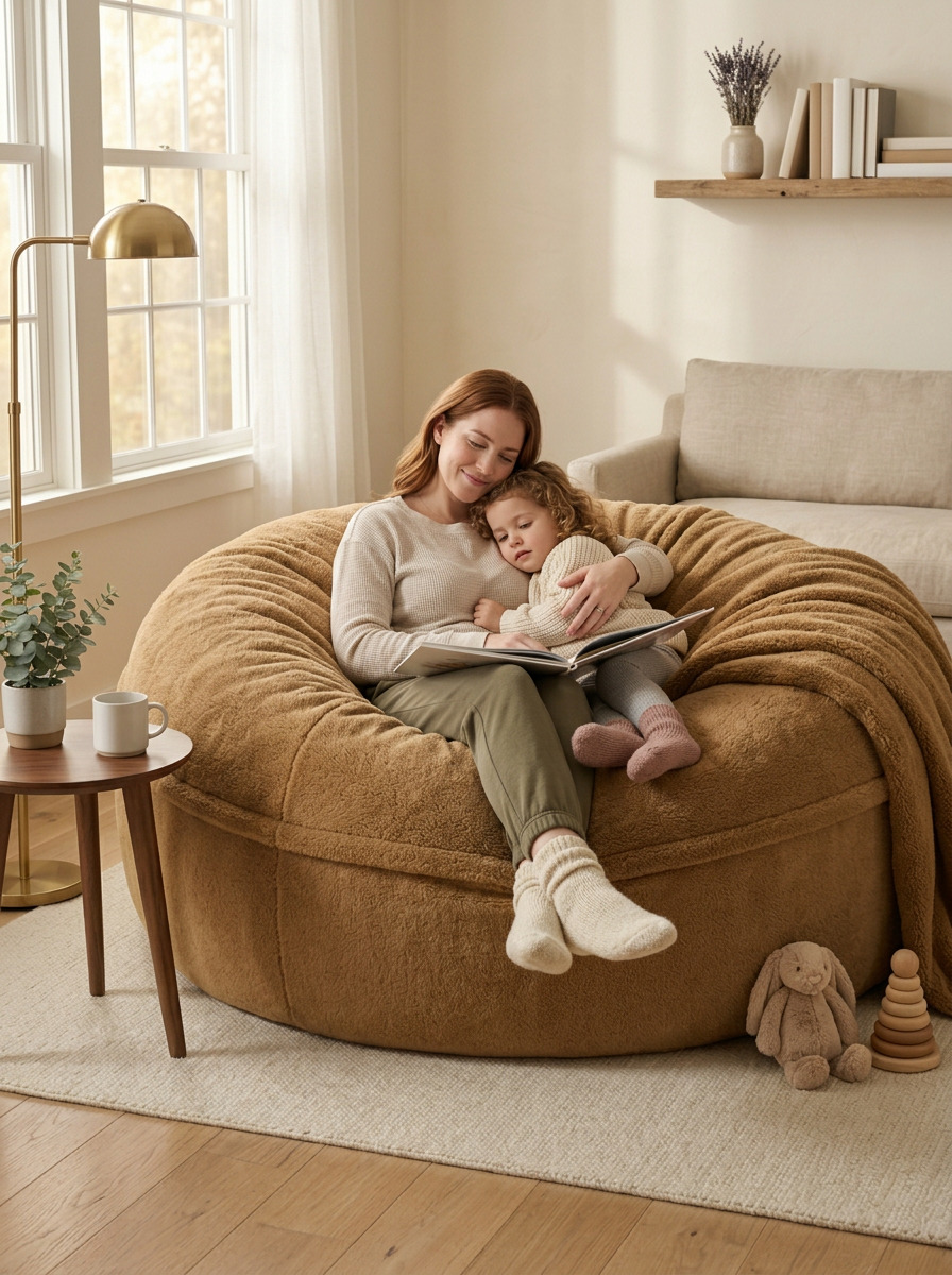 A mother and child sunk into a camel Cosac beanbag in a warm morning living room
