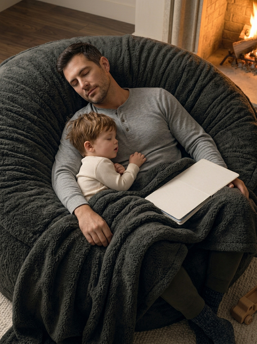 A parent and child asleep together on the charcoal Cosac beanbag, wrapped in a sherpa blanket