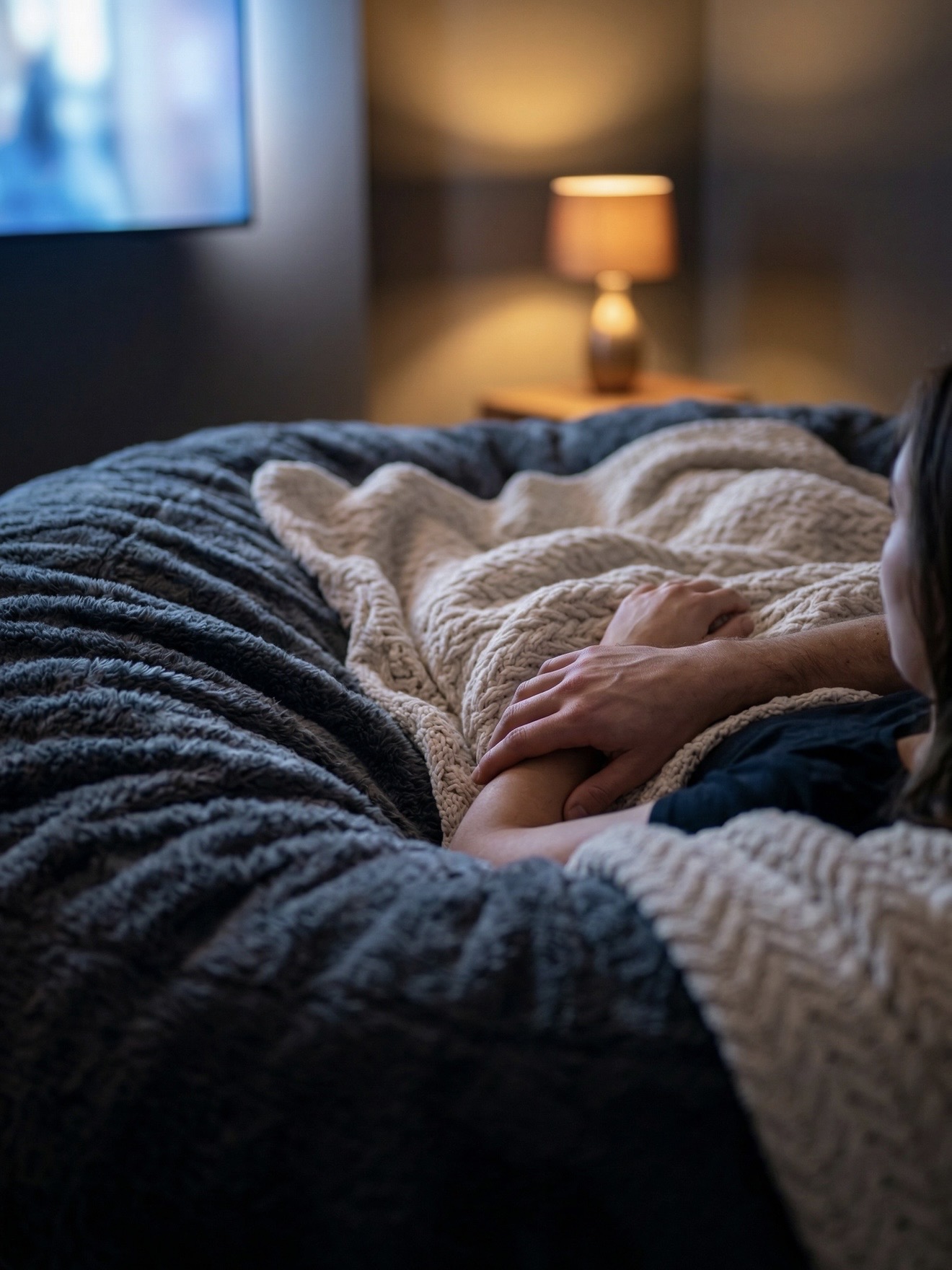 A couple curled up together under a chunky knit blanket on a 7ft charcoal Cosac beanbag, the glow of a TV lighting up the room during a late movie
