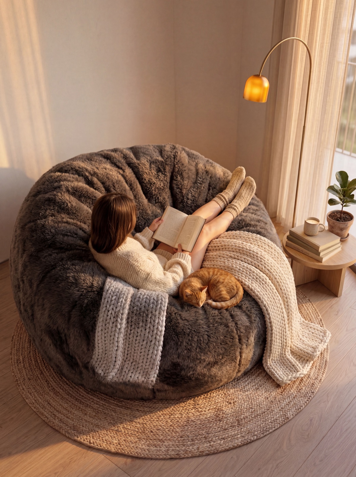 Overhead view of someone reading with their cat on a Cosac beanbag