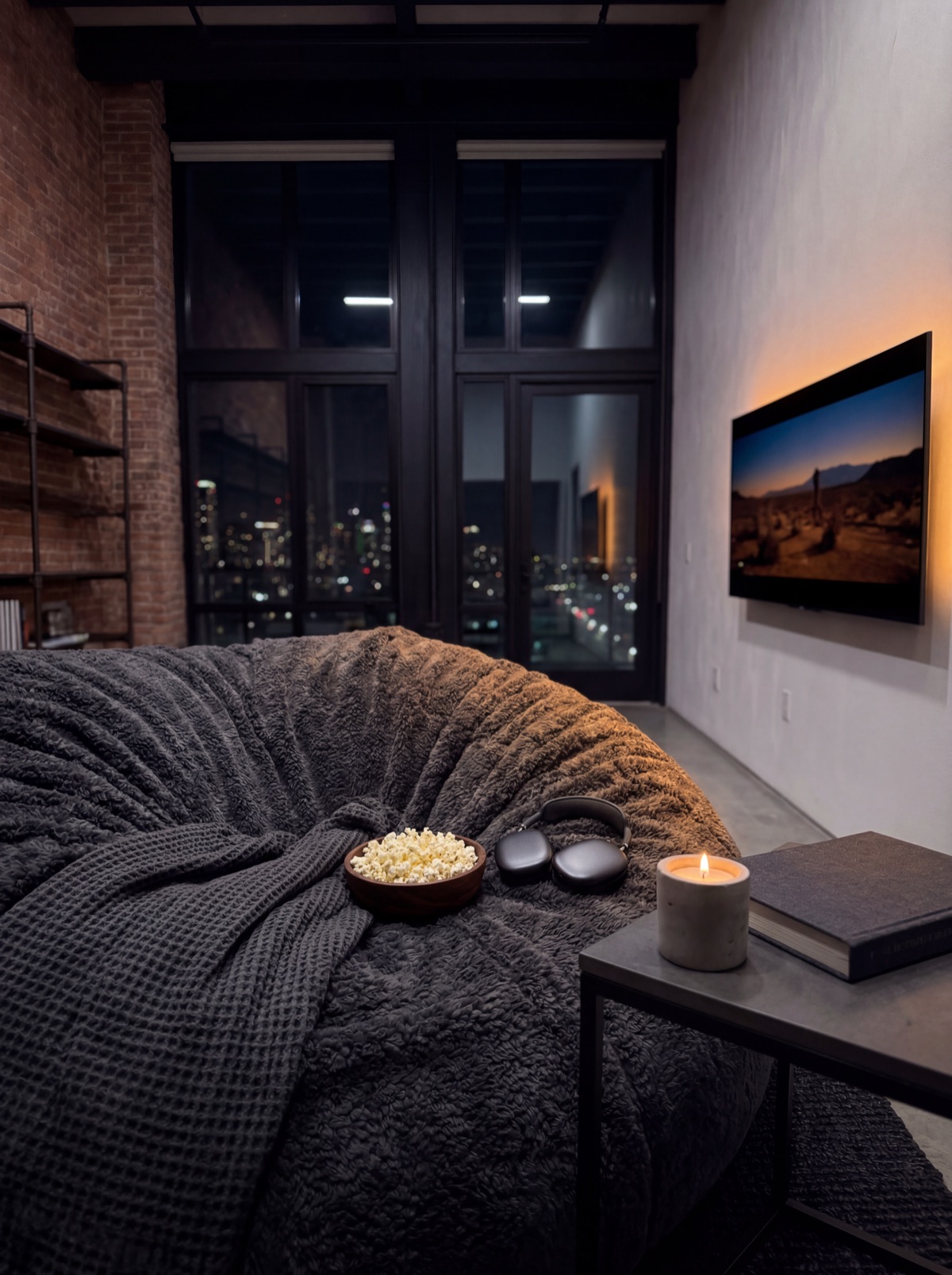 A 6ft charcoal Cosac beanbag in a dark loft apartment at night, with a throw blanket, a bowl of popcorn, a candle and a TV on the wall for a one-person movie marathon