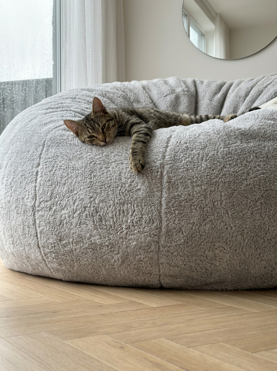 A tabby cat curled up asleep in the center of a Cosac XXL beanbag, having claimed it as her own