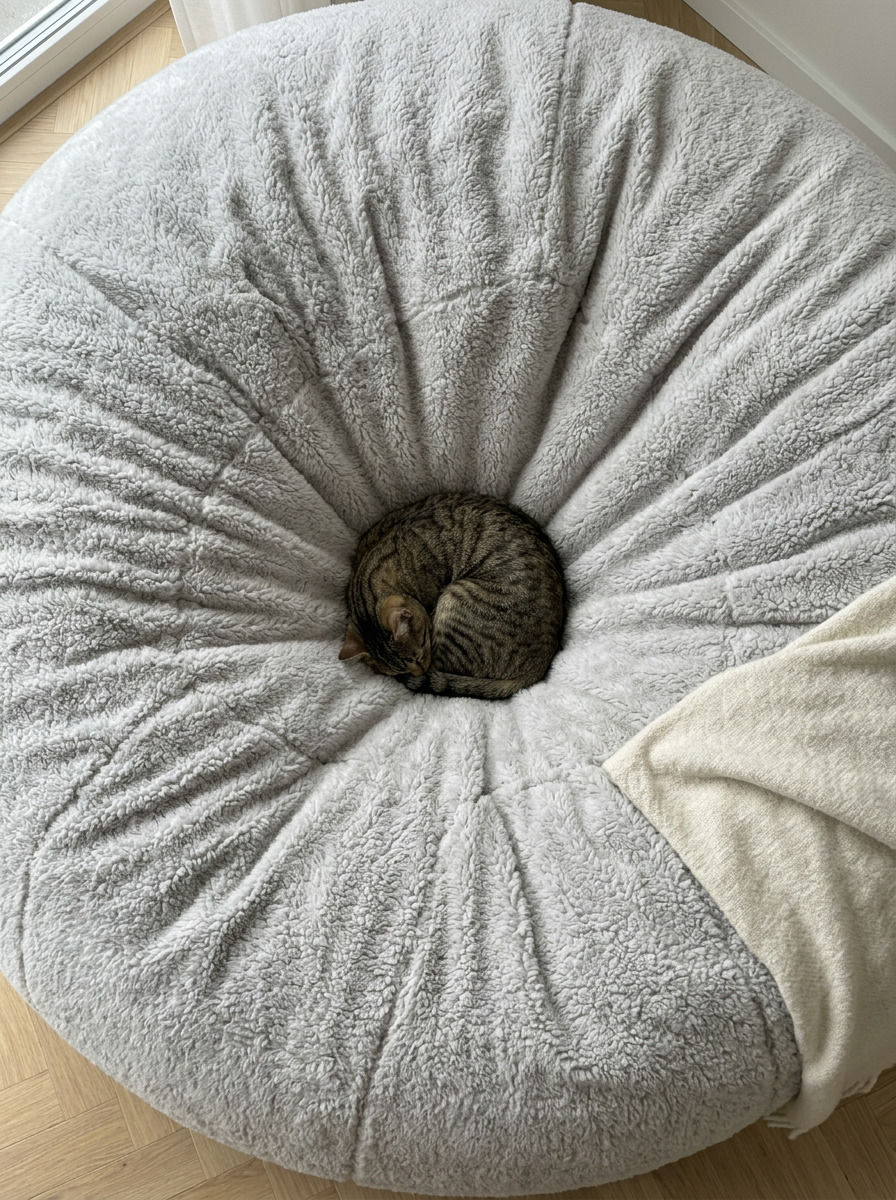 A tabby cat lounging and draped over the edge of a Cosac beanbag