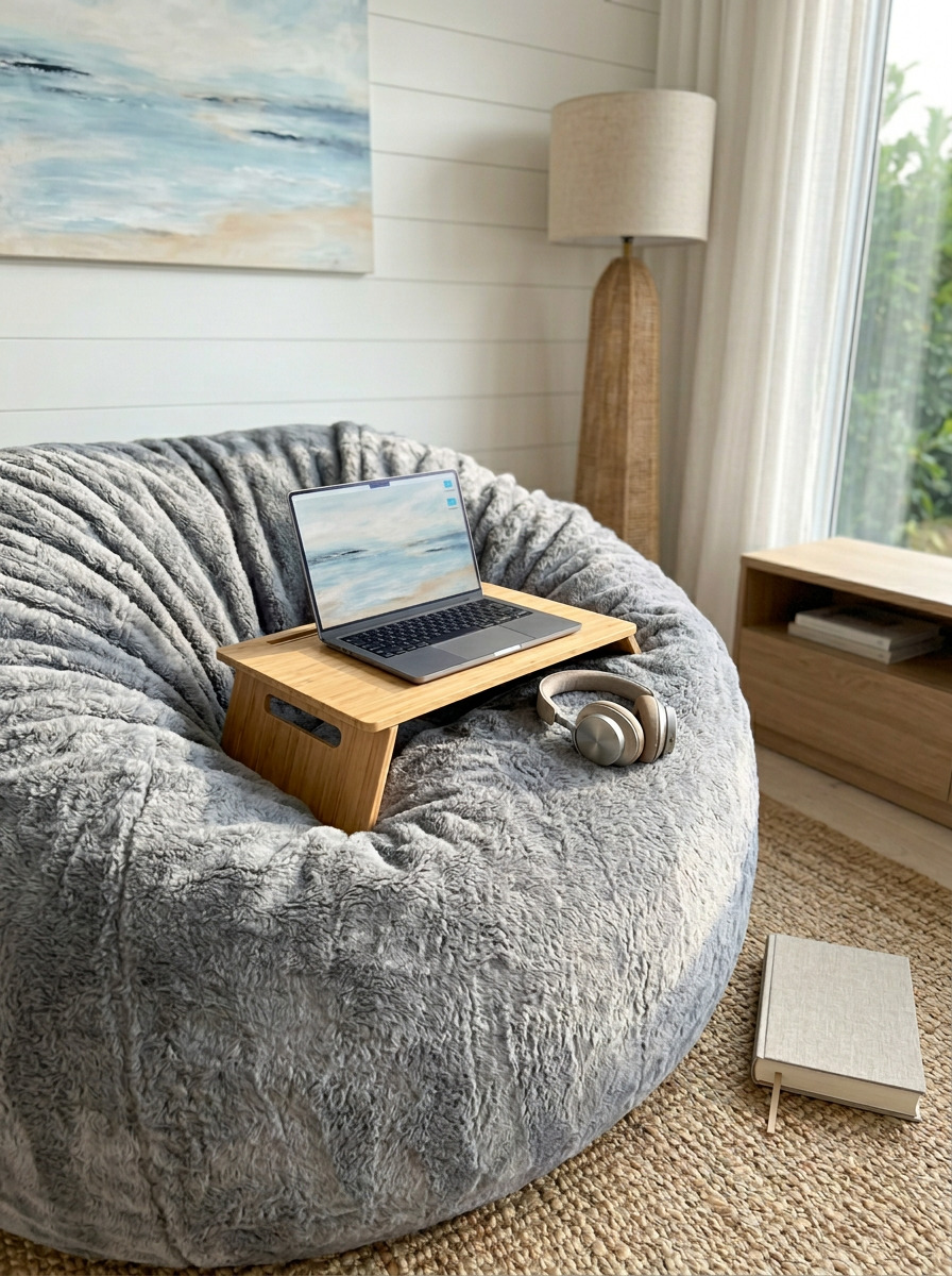 A Cosac XXL beanbag set up as flexible remote-work seating next to a home office desk
