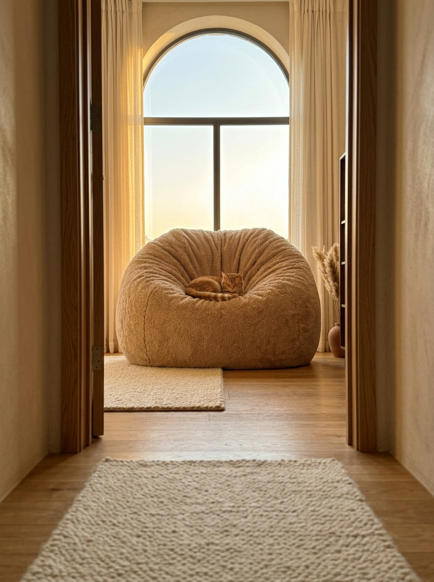 Customer photo - cat on Camel beanbag, golden sunset light