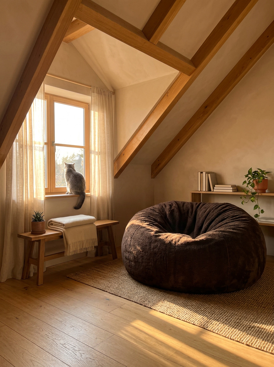 A Cosac XXL beanbag in a warmly lit living room, clearly used and lived-in rather than staged