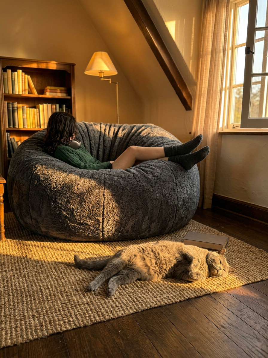 A Cosac XXL beanbag tucked into a cozy attic reading nook with natural light coming through the window
