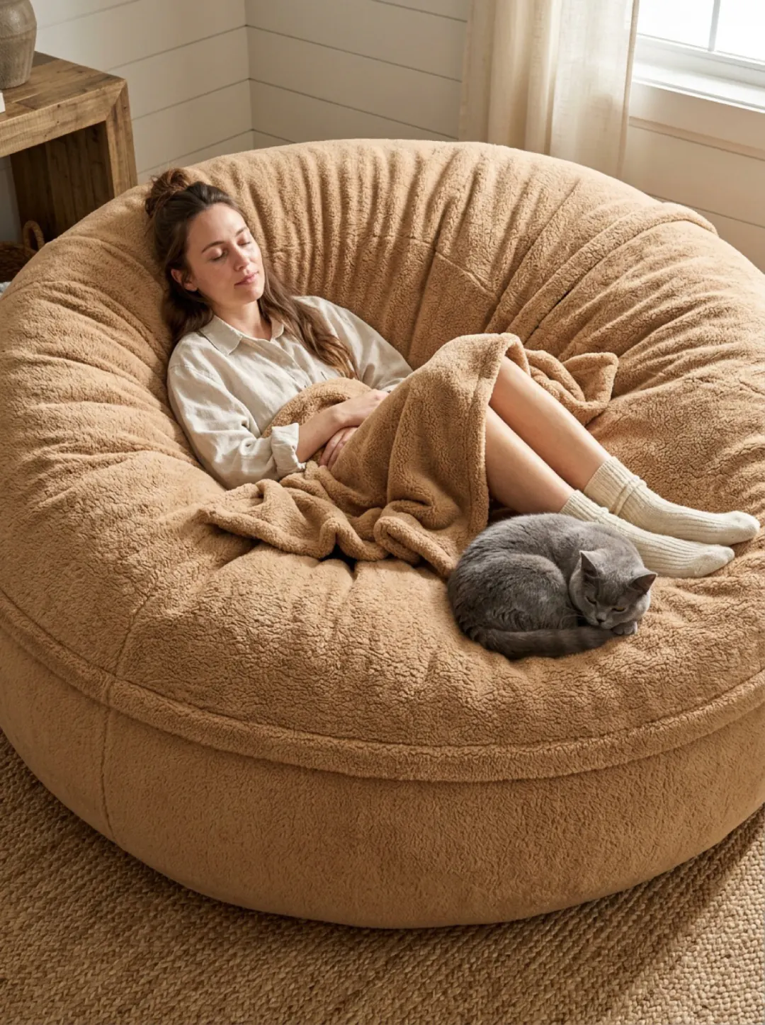 Woman napping with cat on Camel beanbag