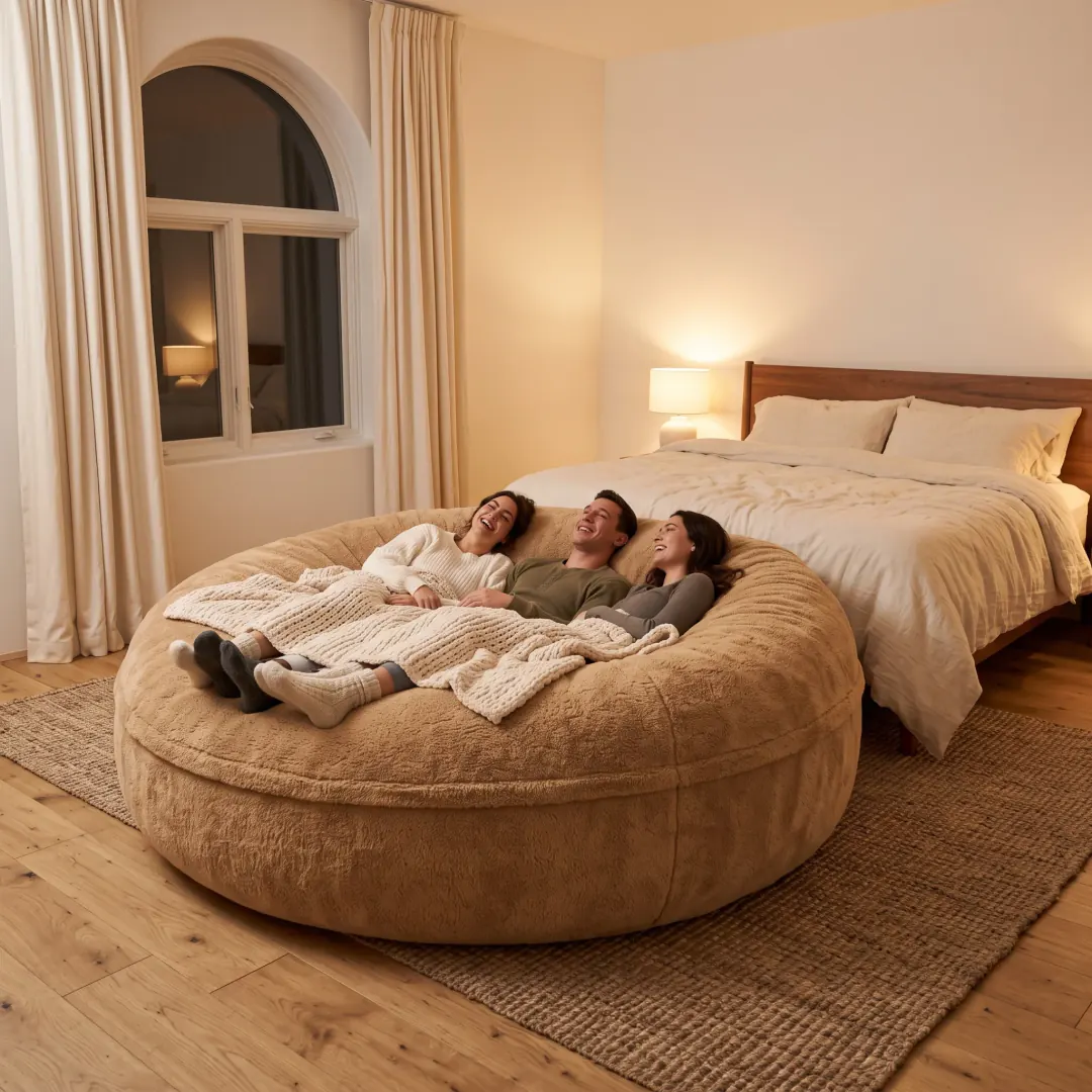 Three adults relaxing on the 7ft Camel Cosac in a bedroom